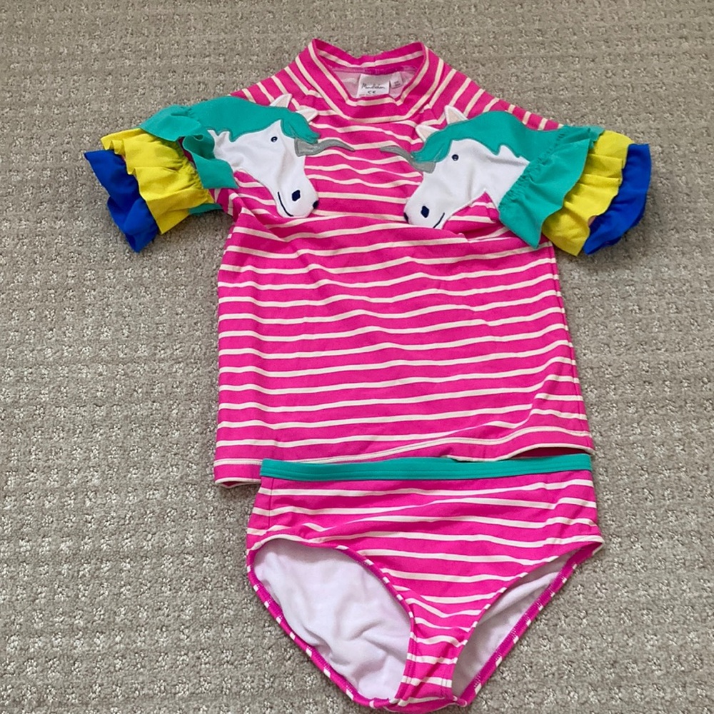 Mini Boden Pink Striped Kids Swim Set with Unicorn Design size 8/9